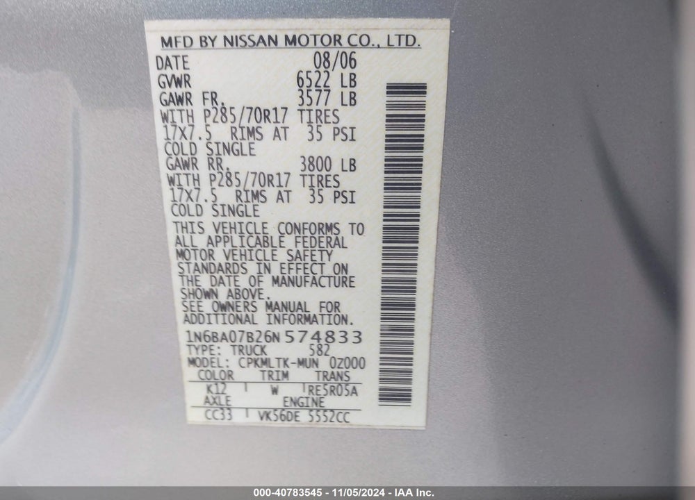 2006 NISSAN TITAN SE VIN: 1N6BA07B26N574833