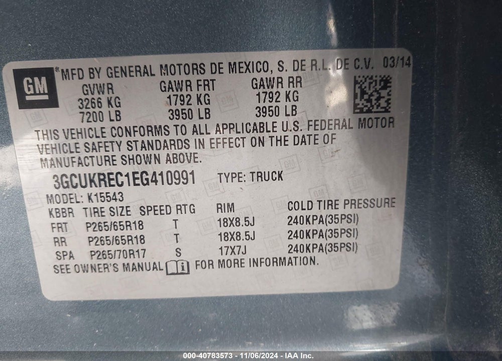 2014 CHEVROLET SILVERADO 1500 1LT VIN: 3GCUKREC1EG410991