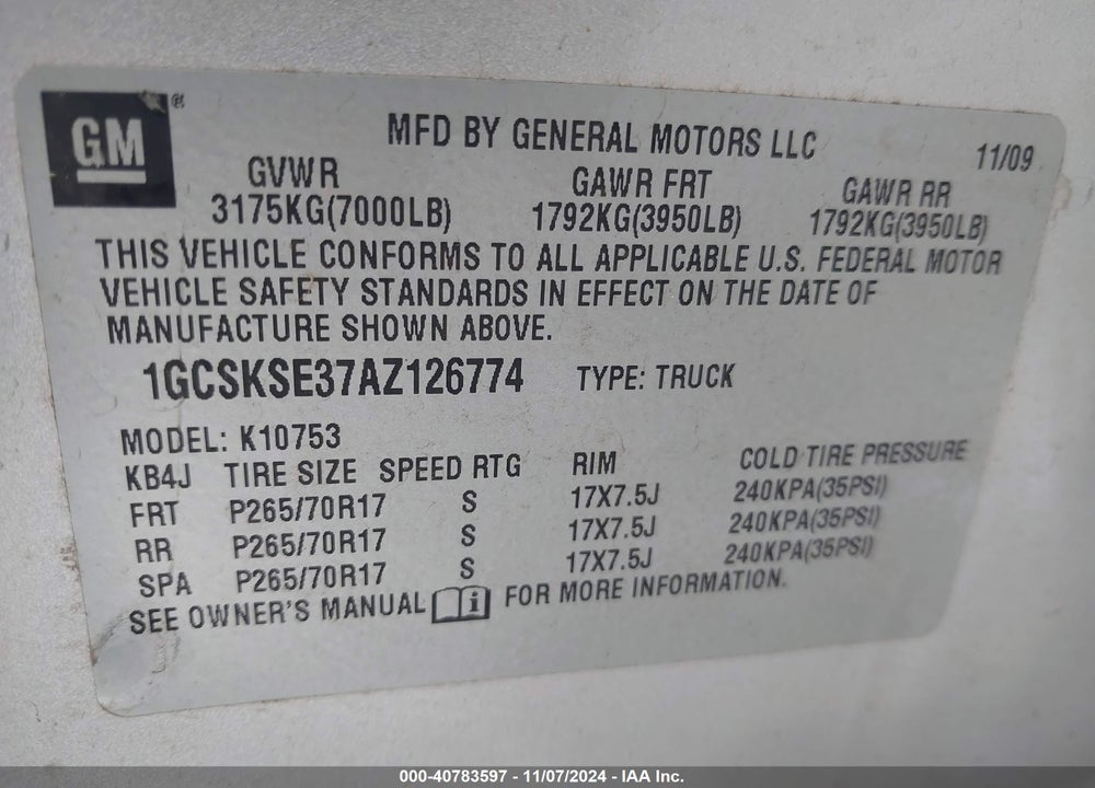 2010 CHEVROLET SILVERADO 1500 LT VIN: 1GCSKSE37AZ126774