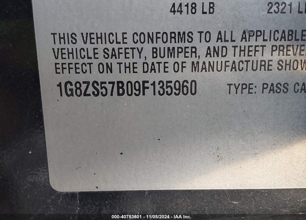 2009 SATURN AURA XE VIN: 1G8ZS57B09F135960