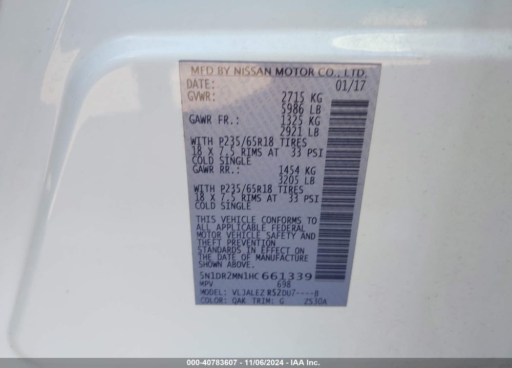 2017 NISSAN PATHFINDER SV VIN: 5N1DR2MN1HC661339