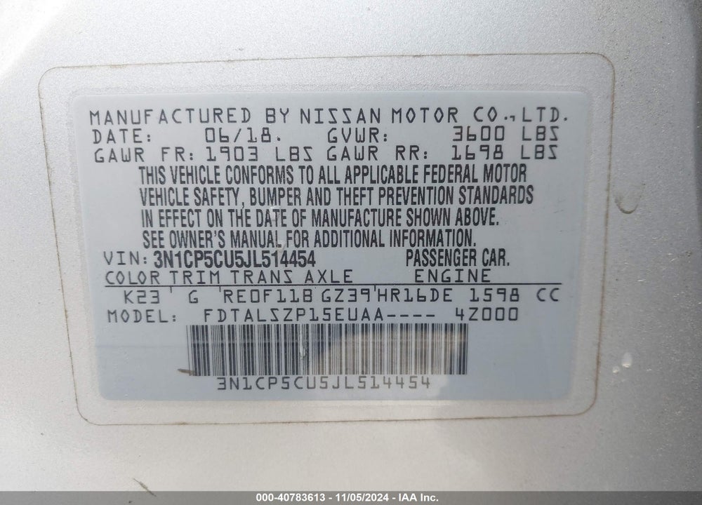 2018 NISSAN KICKS SV VIN: 3N1CP5CU5JL514454