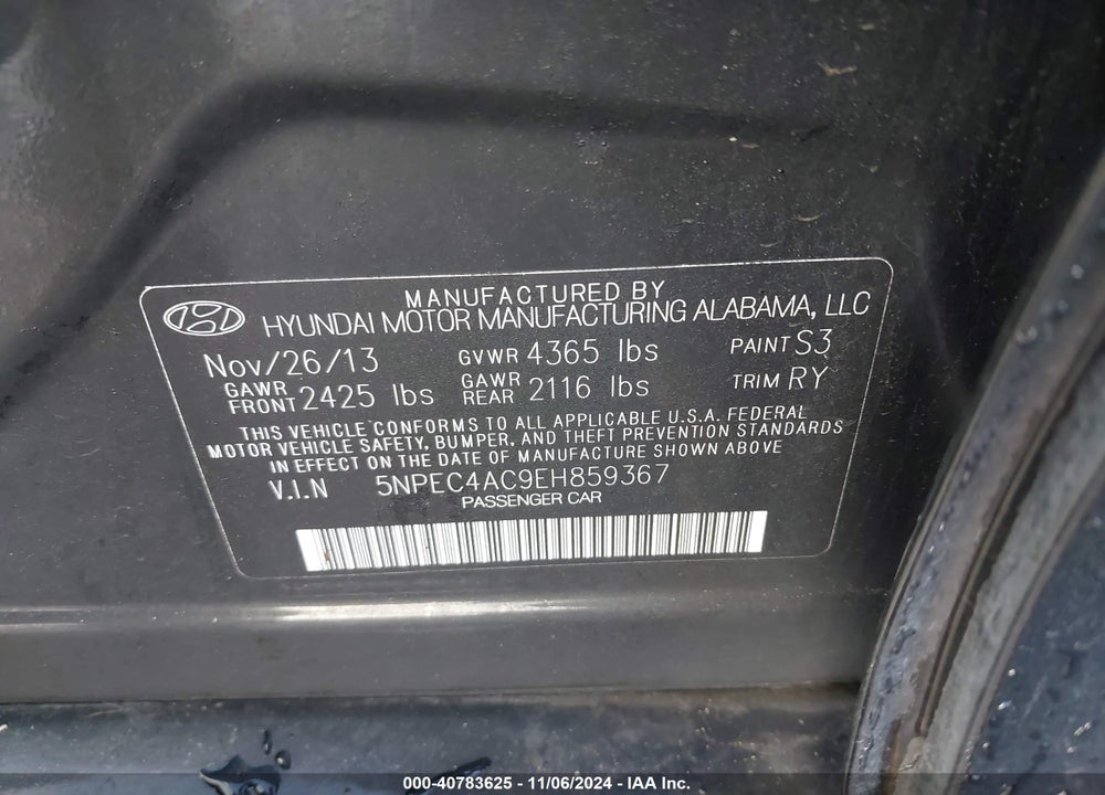 2014 HYUNDAI SONATA SE VIN: 5NPEC4AC9EH859367