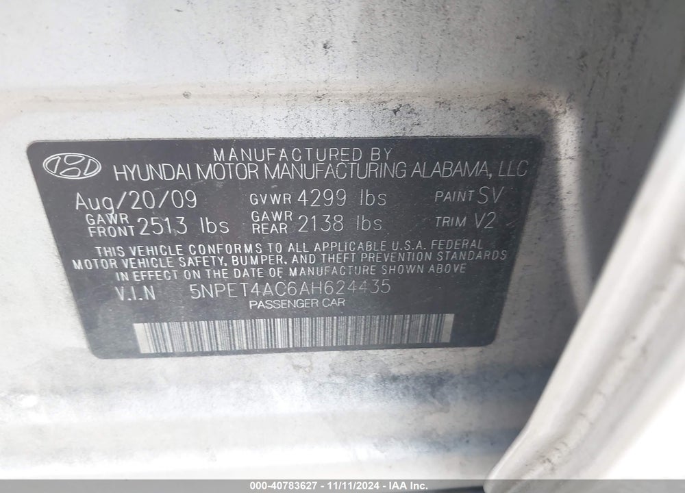 2010 HYUNDAI SONATA GLS VIN: 5NPET4AC6AH624435