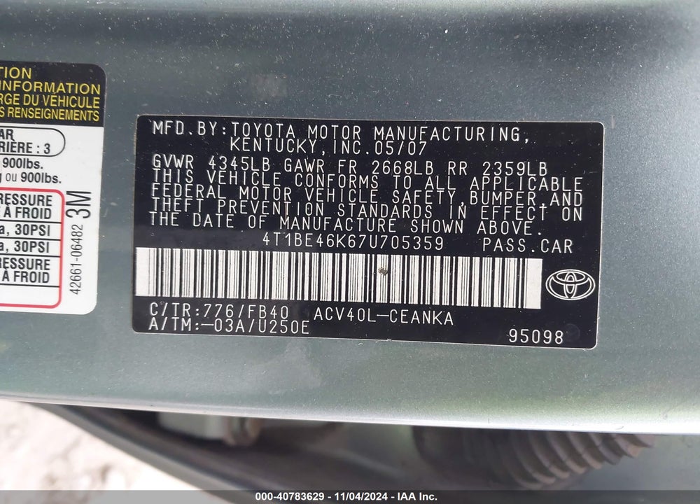 2007 TOYOTA CAMRY LE VIN: 4T1BE46K67U705359