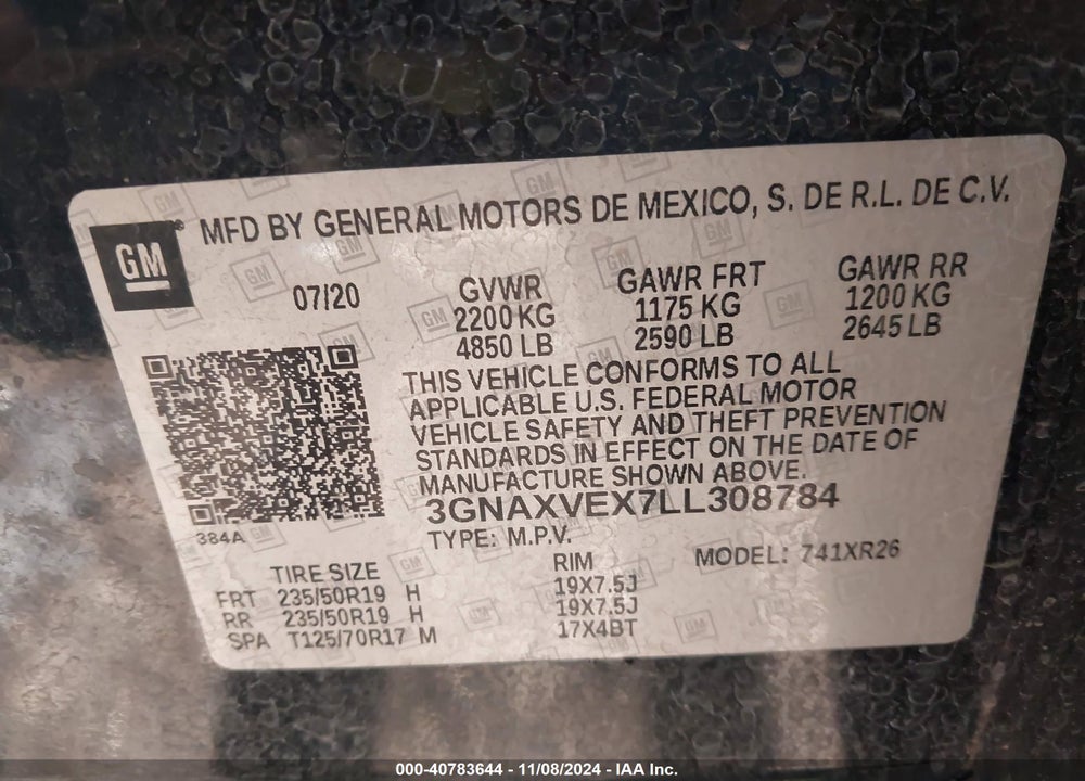 2020 CHEVROLET EQUINOX AWD LT 2.0L TURBO VIN: 3GNAXVEX7LL308784