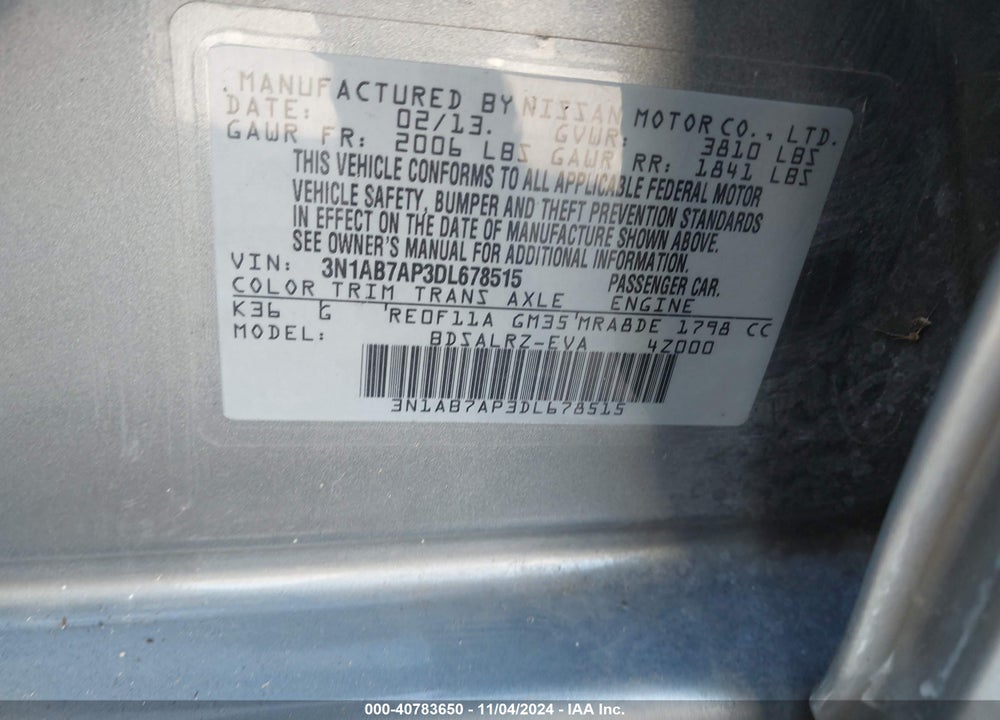 2013 NISSAN SENTRA SR VIN: 3N1AB7AP3DL678515