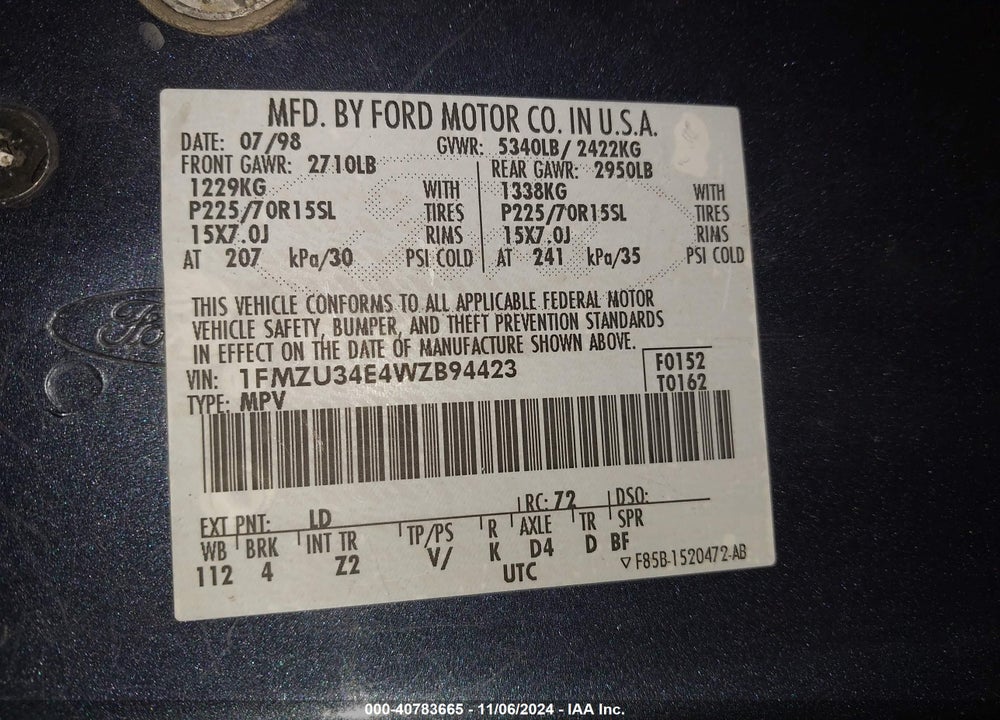 1998 FORD EXPLORER VIN: 1FMZU34E4WZB94423