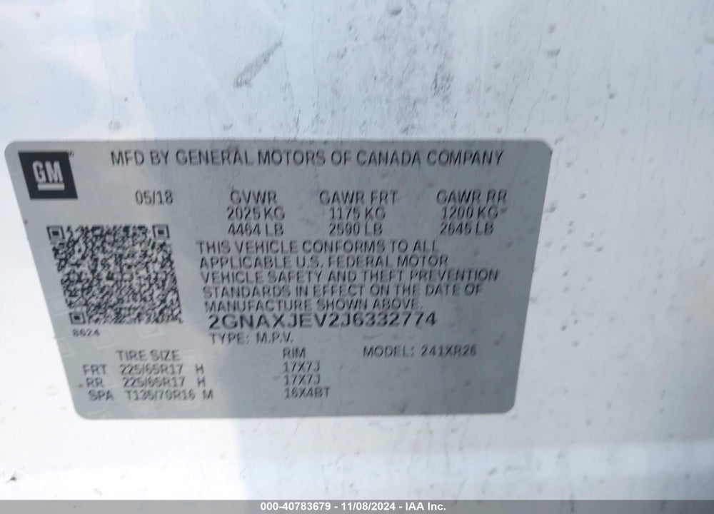 2018 CHEVROLET EQUINOX LT VIN: 2GNAXJEV2J6332774