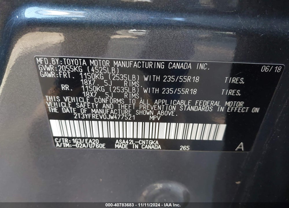 2018 TOYOTA RAV4 LIMITED/PLATINUM VIN: 2T3YFREV0JW477521