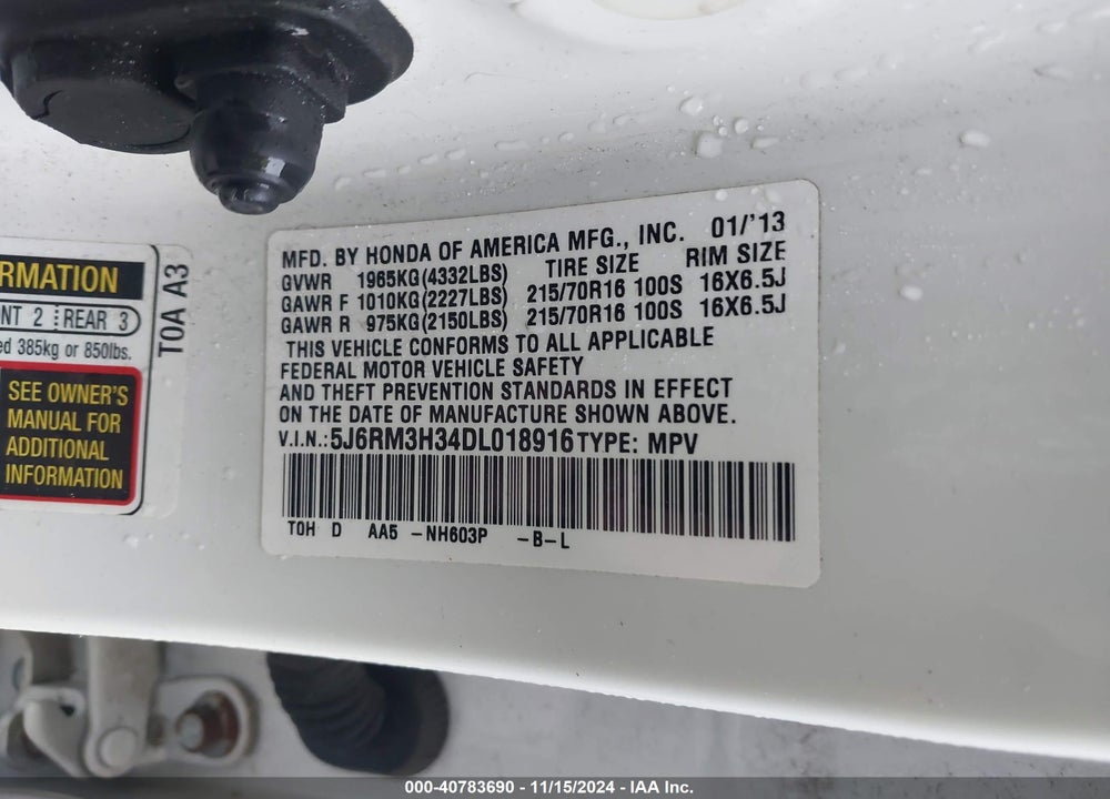 2013 HONDA CR-V LX VIN: 5J6RM3H34DL018916