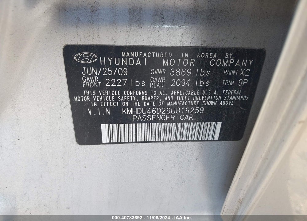 2009 HYUNDAI ELANTRA SE VIN: KMHDU46D29U819259