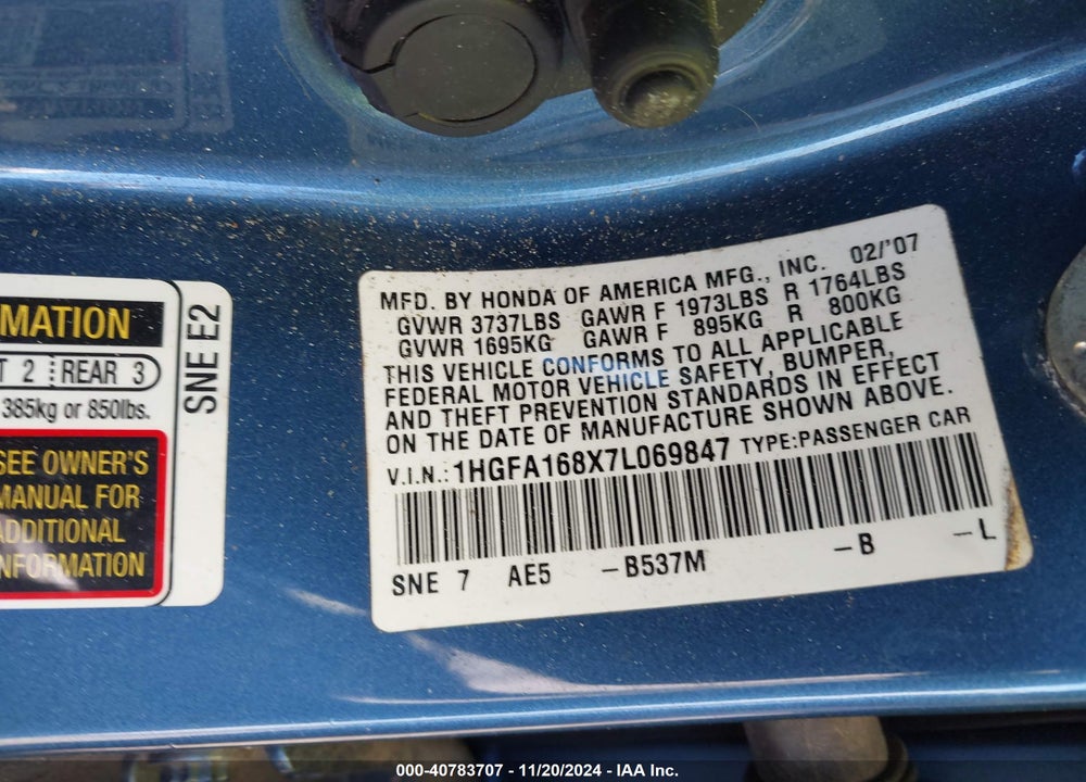 2007 HONDA CIVIC EX VIN: 1HGFA168X7L069847