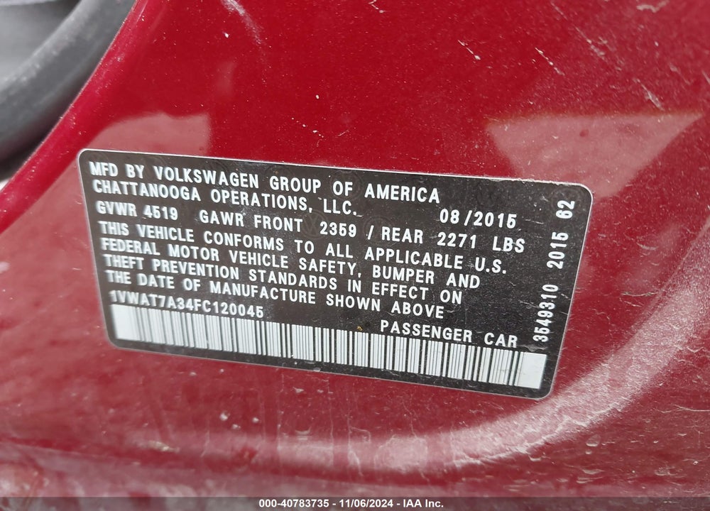 2015 VOLKSWAGEN PASSAT 1.8T LIMITED EDITION VIN: 1VWAT7A34FC120045
