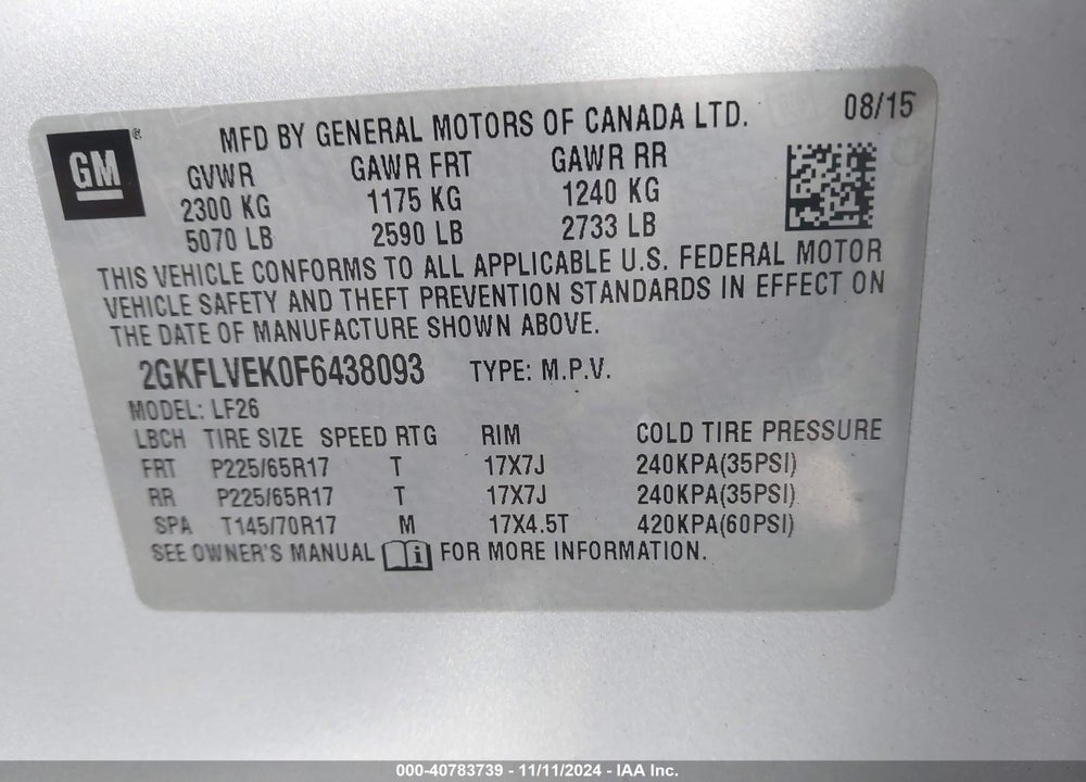 2015 GMC TERRAIN SLE-1 VIN: 2GKFLVEK0F6438093