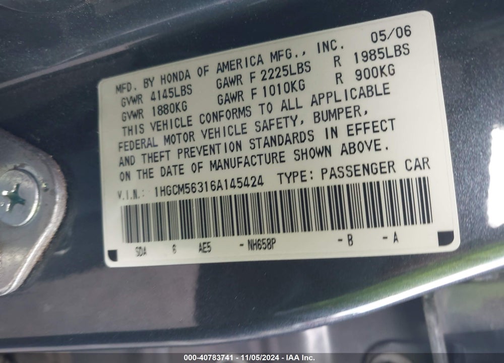 2006 HONDA ACCORD 2.4 SE VIN: 1HGCM56316A145424