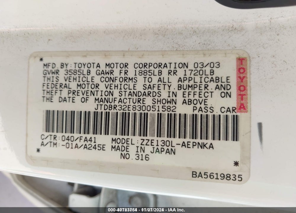 2003 TOYOTA COROLLA LE VIN: JTDBR32E830051582