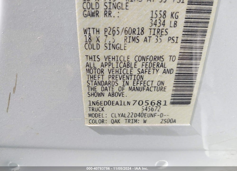 2020 NISSAN FRONTIER VIN: 1N6ED0EA1LN705681