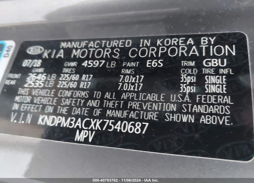 2019 KIA SPORTAGE LX VIN: KNDPM3ACXK7540687