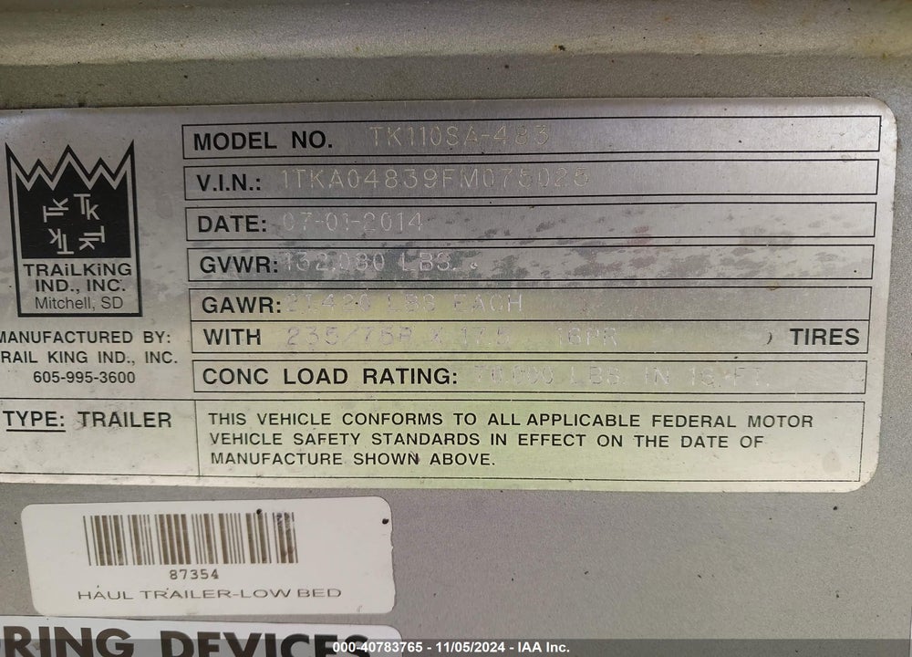 2015 TRAIL KING TRAILER VIN: 1TKA04839FM075025