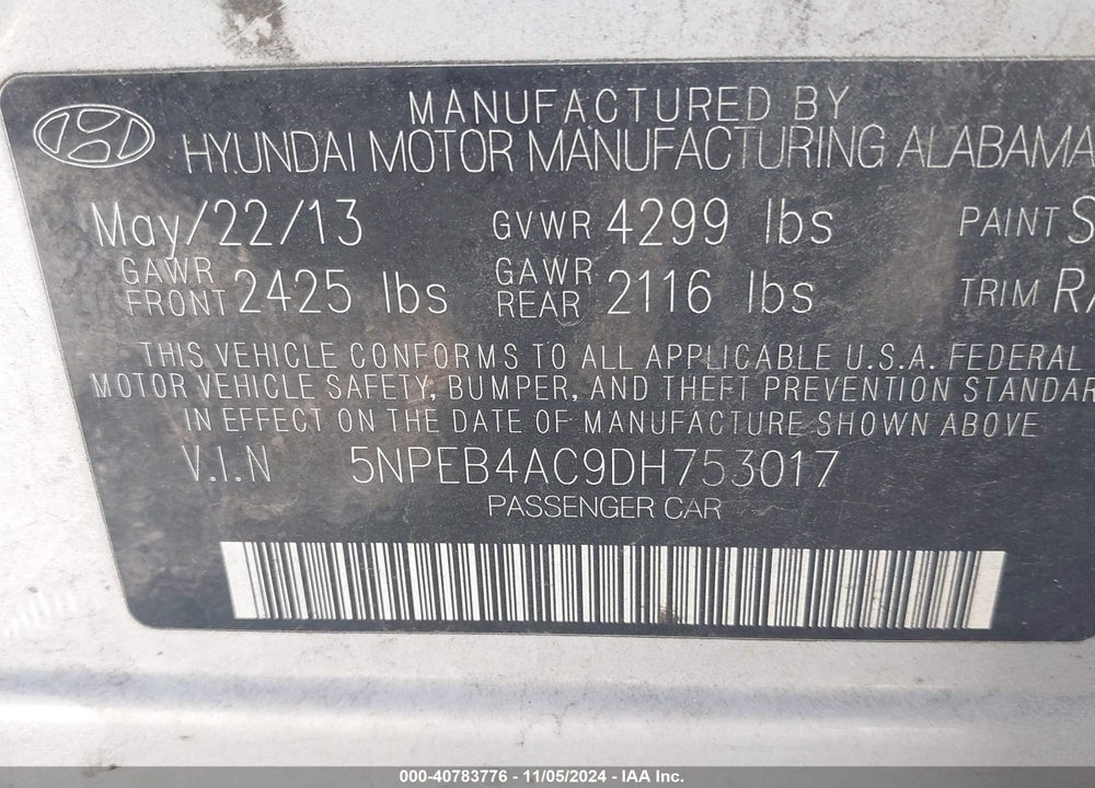 2013 HYUNDAI SONATA GLS VIN: 5NPEB4AC9DH753017