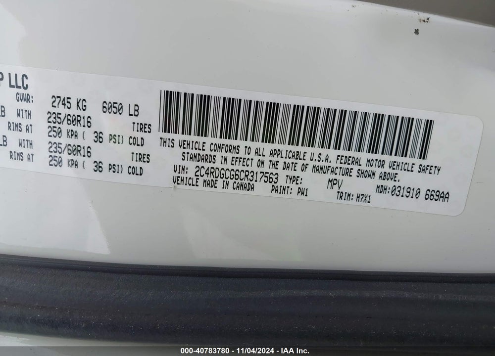 2012 DODGE GRAND CARAVAN SXT VIN: 2C4RDGCG6CR317563