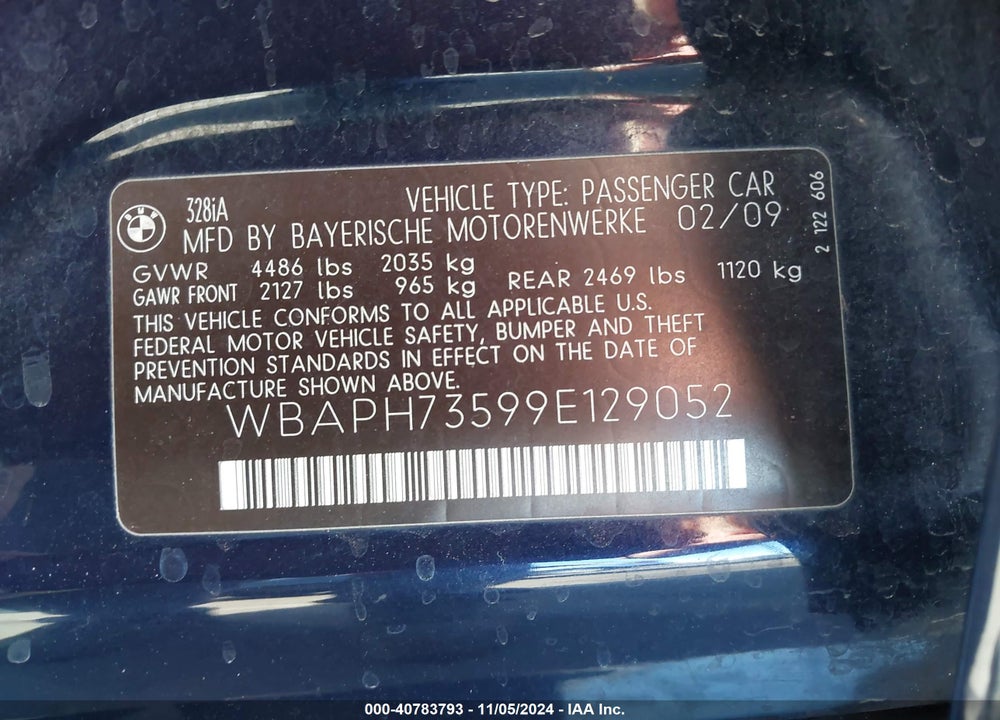 2009 BMW 328 VIN: WBAPH73599E129052