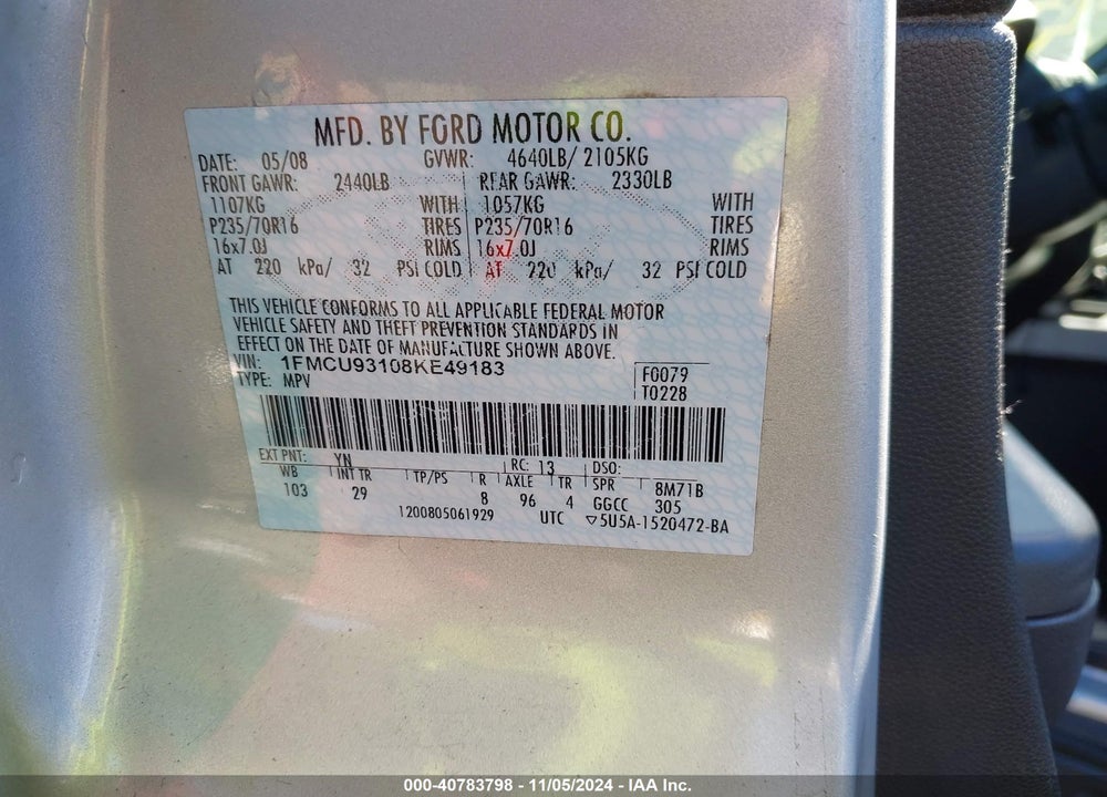 2008 FORD ESCAPE XLT VIN: 1FMCU93108KE49183