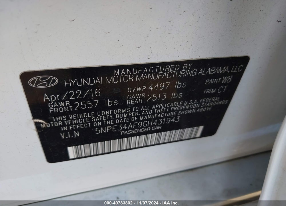 2016 HYUNDAI SONATA SPORT VIN: 5NPE34AF9GH431943