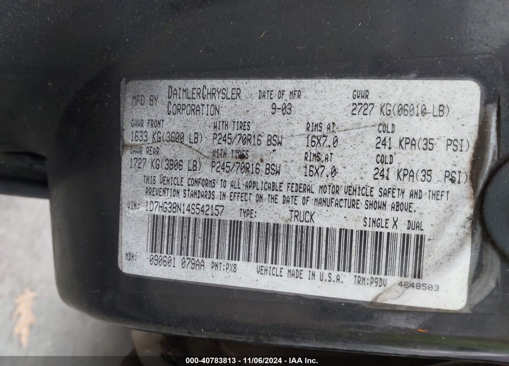 2004 DODGE DAKOTA SPORT/SXT VIN: 1D7HG38N14S542157