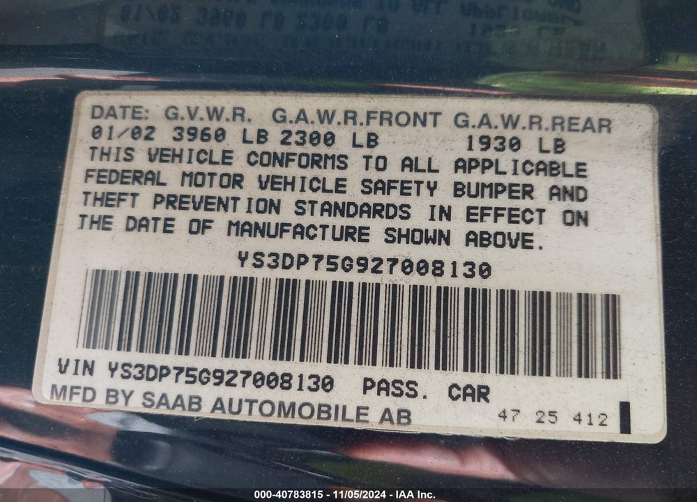 2002 SAAB 9-3 VIGGEN VIN: YS3DP75G927008130