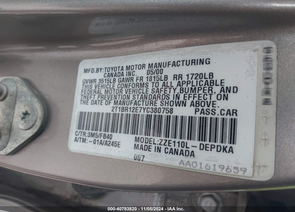 2000 TOYOTA COROLLA CE VIN: 2T1BR12E7YC380758