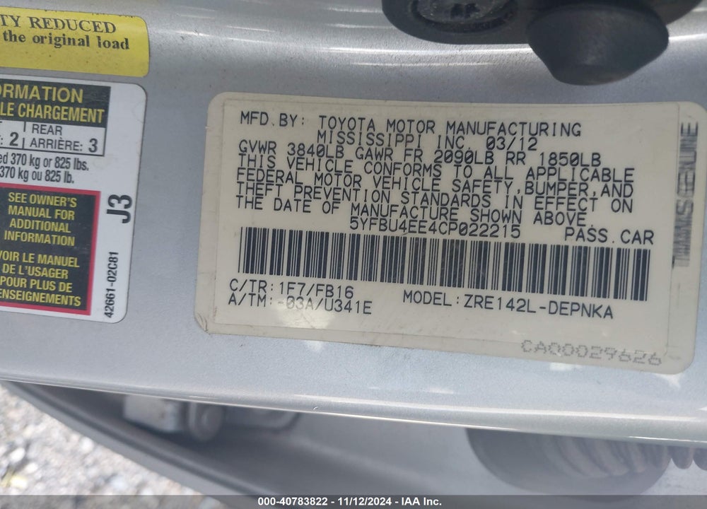 2012 TOYOTA COROLLA LE VIN: 5YFBU4EE4CP022215