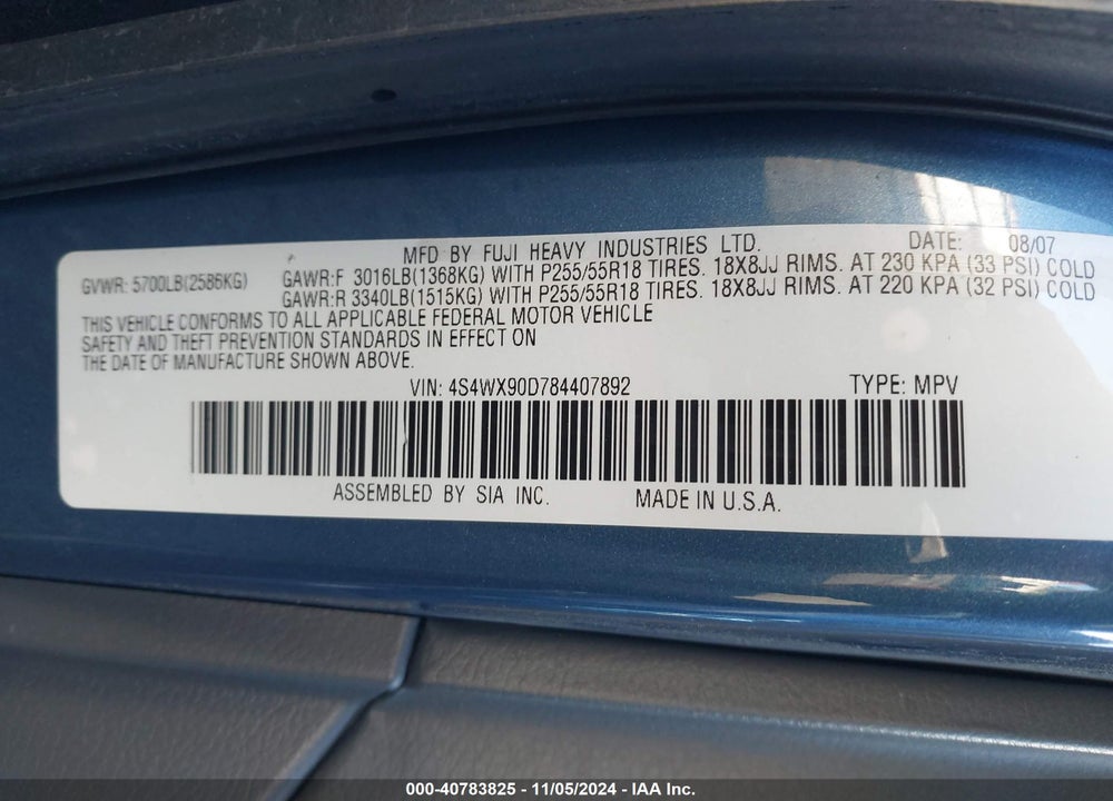 2008 SUBARU TRIBECA LIMITED 7-PASSENGER VIN: 4S4WX90D784407892