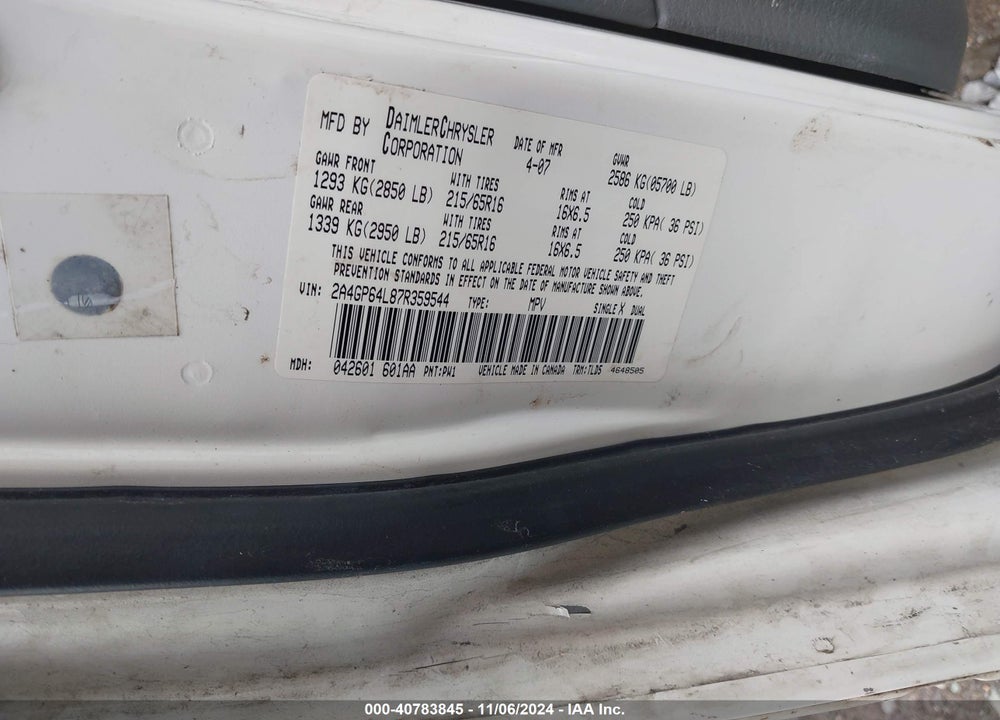 2007 CHRYSLER TOWN & COUNTRY LIMITED VIN: 2A4GP64L87R359544