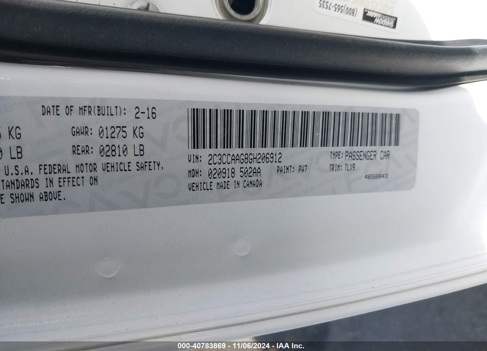 2016 CHRYSLER 300 LIMITED VIN: 2C3CCAAG8GH206912