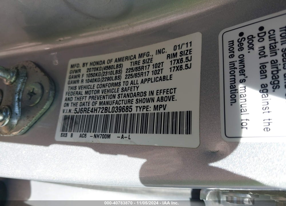 2011 HONDA CR-V EX-L VIN: 5J6RE4H72BL039685