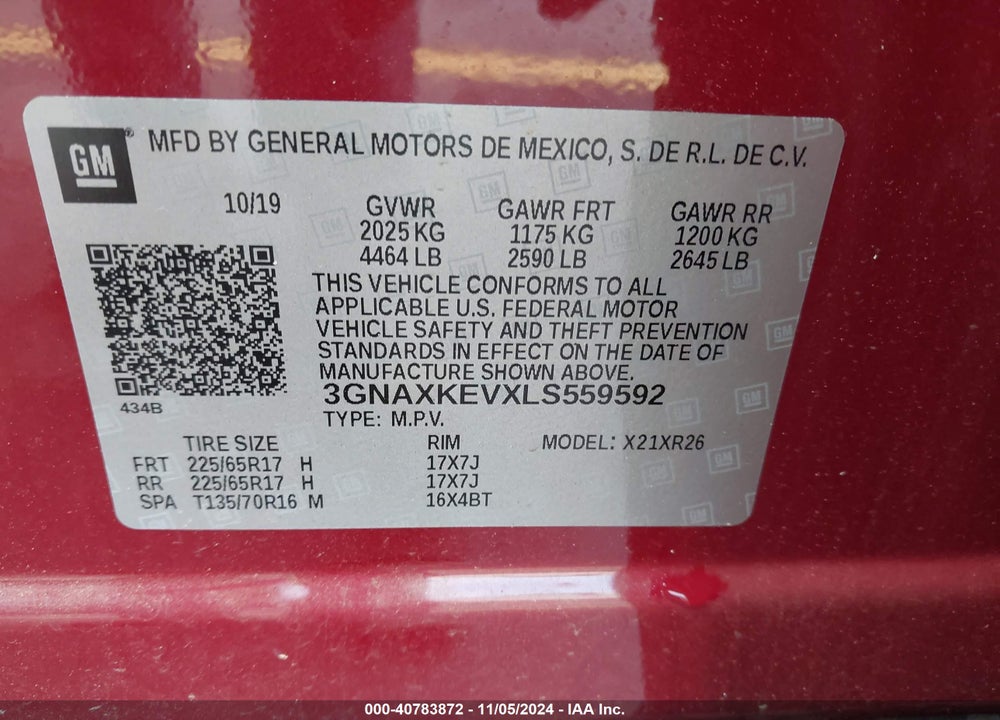 2020 CHEVROLET EQUINOX FWD LT 1.5L TURBO VIN: 3GNAXKEVXLS559592