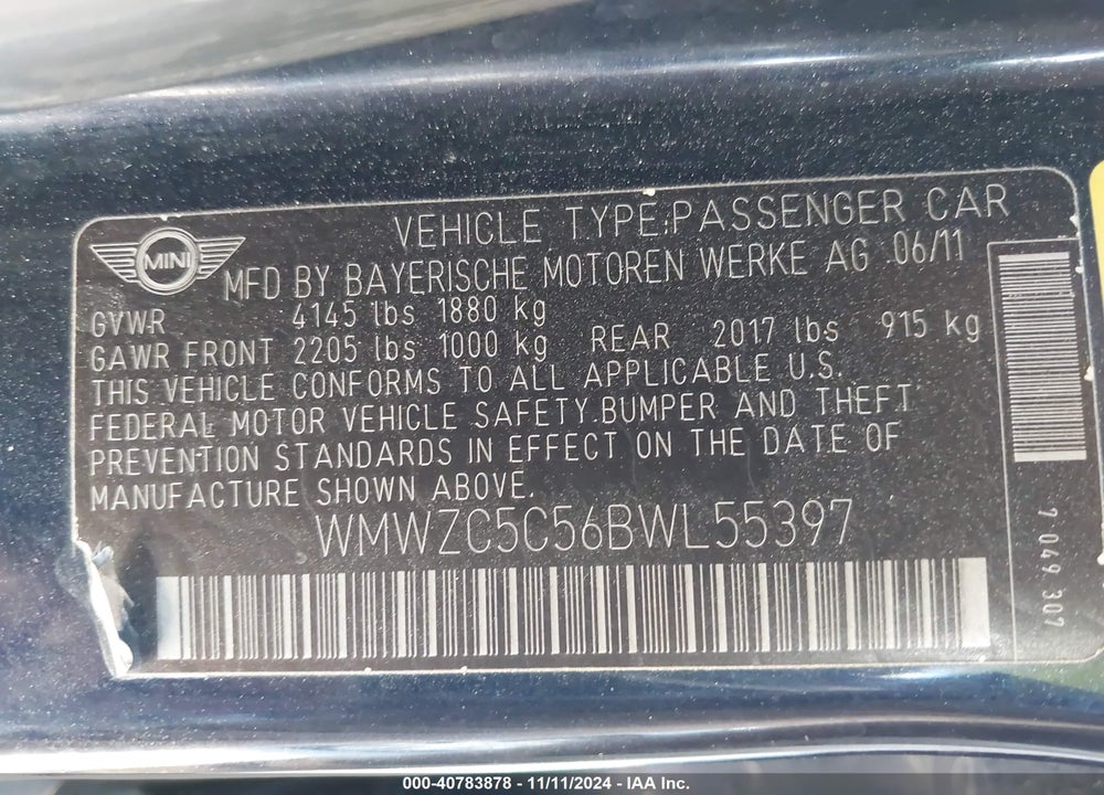 2011 MINI COOPER S COUNTRYMAN VIN: WMWZC5C56BWL55397