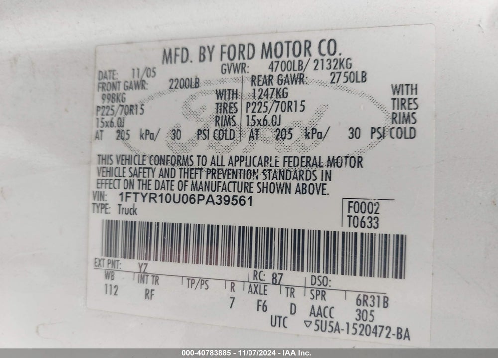 2006 FORD RANGER SPORT/STX/XL/XLT VIN: 1FTYR10U06PA39561