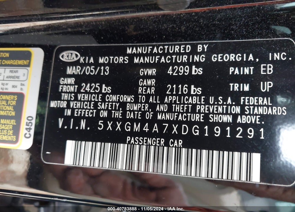 2013 KIA OPTIMA LX VIN: 5XXGM4A7XDG191291