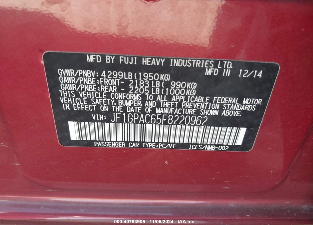 2015 SUBARU IMPREZA 2.0I PREMIUM VIN: JF1GPAC65F8220962