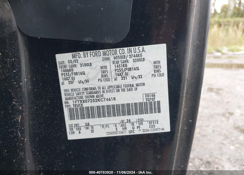 2002 FORD F-150 XL/XLT VIN: 1FTRX07252KC74618