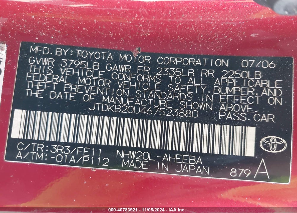 2006 TOYOTA PRIUS VIN: JTDKB20U467523880