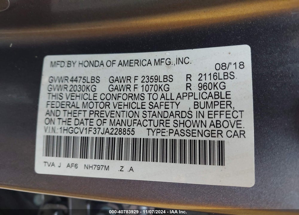 2018 HONDA ACCORD VIN: 1HGCV1F37JA228855