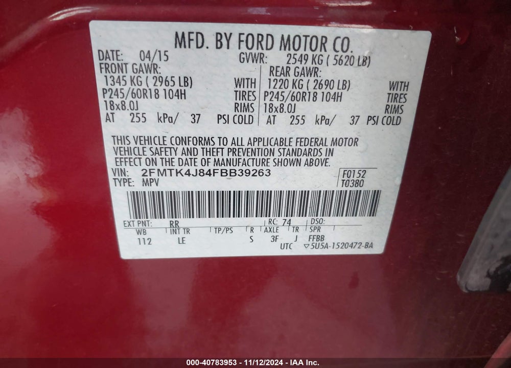 2015 FORD EDGE SEL VIN: 2FMTK4J84FBB39263