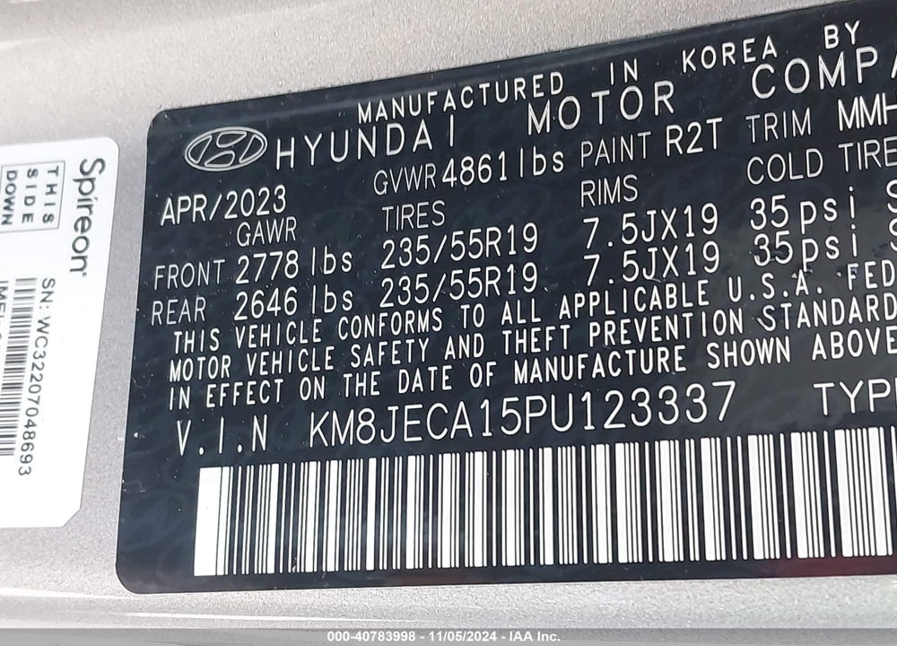 2023 HYUNDAI TUCSON HYBRID LIMITED VIN: KM8JECA15PU123337