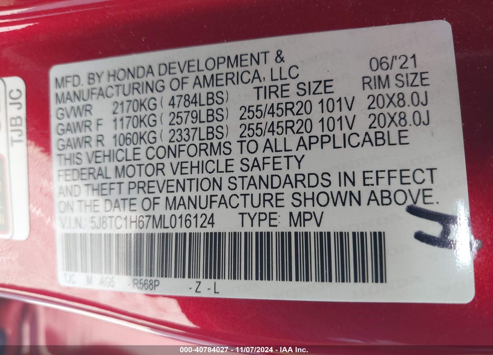 2021 ACURA RDX A-SPEC PACKAGE VIN: 5J8TC1H67ML016124