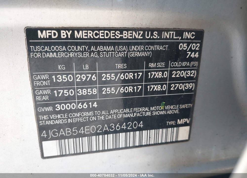 2002 MERCEDES-BENZ ML 320 VIN: 4JGAB54E02A364204
