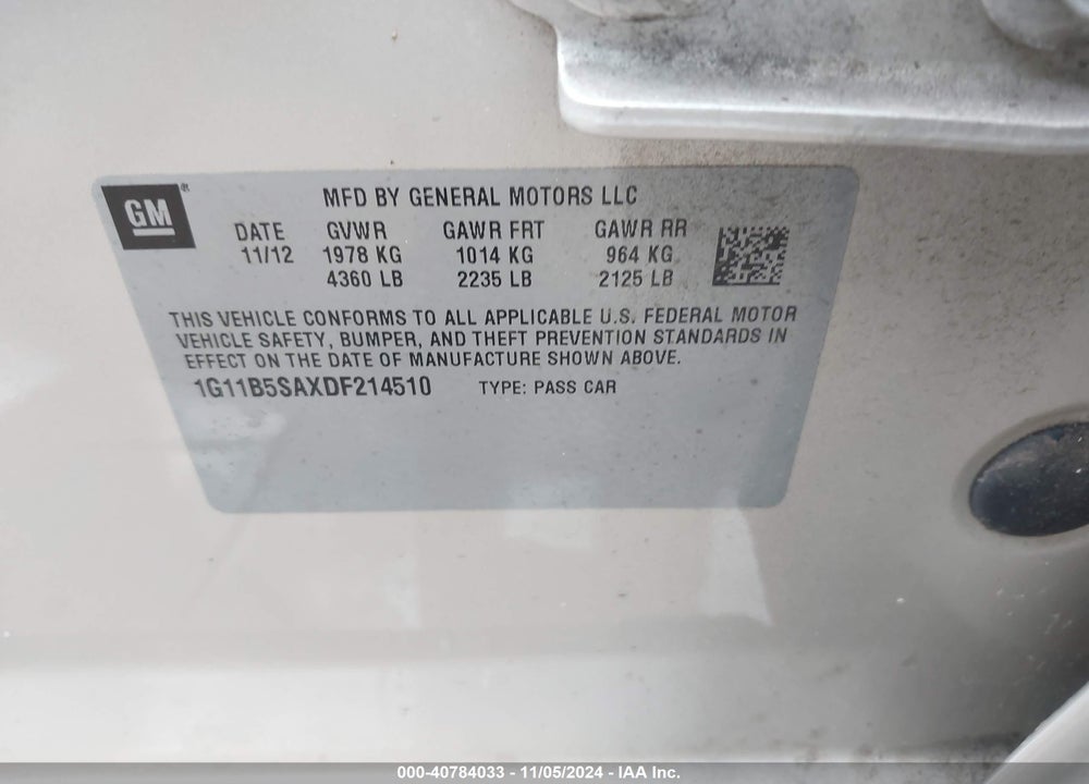 2013 CHEVROLET MALIBU 1LS VIN: 1G11B5SAXDF214510